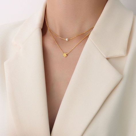 Collar Baño De Oro Amarillo 18k Doble Perla Estrella-2