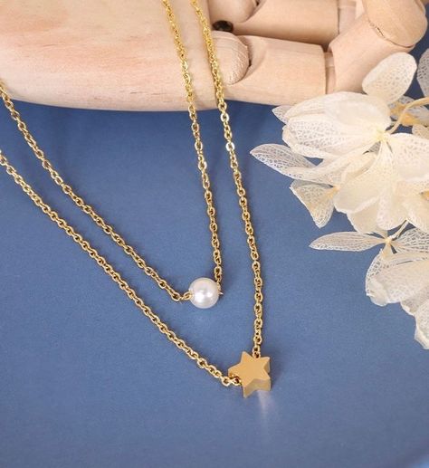 Collar Baño De Oro Amarillo 18k Doble Perla Estrella-1