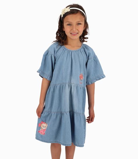 Vestido Con Rosa y Osita Niña Denim Celeste Limonada-0