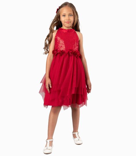 Vestido Niña Ocasión Con Lentejuelas Y Flores Rojo-0