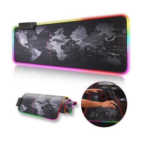 Mouse Pad Gamer Xl Antideslizante Mapamundi Rgb 80x30cm Negro-2