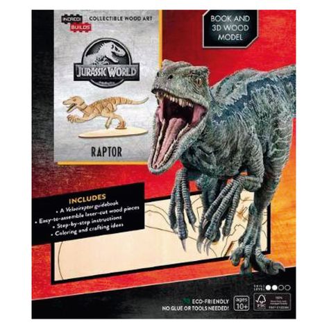 Jurassic World Raptor Libro y Modelo Armable En Madera-0