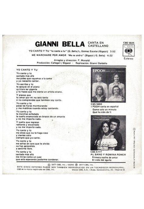 GIANNI BELLA - YO CANTO Y TU (EN ESPAÑOL) | 7" SINGLE VINILO USADO-1