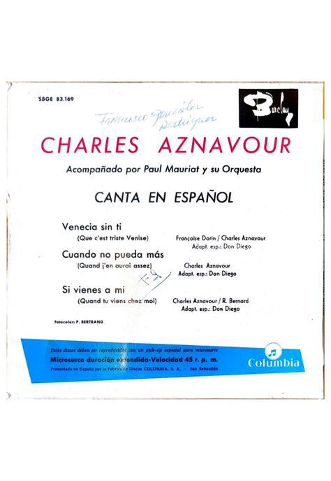 CHARLES AZNAVOUR - VENECIA SIN TI (EN ESPAÑOL) | 7" SINGLE VINILO USADO-1