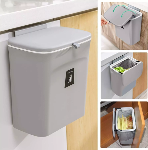 Cubo De Basura Colgante Con Soporte De Gabinete De 9 Litros Basurero Con Tapa Para Cocina U Oficina -1