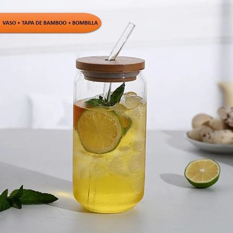 Vaso de Vidrio Con Tapa De Bambú Y Bombilla 550ml -5
