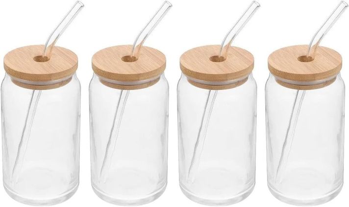 Pack De 4 Vasos Lata de Vidrio Con Tapa de Bambú y Bombilla 550ml-0