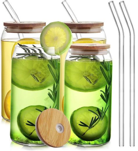 Pack De 4 Vasos Lata de Vidrio Con Tapa de Bambú y Bombilla 550ml-1