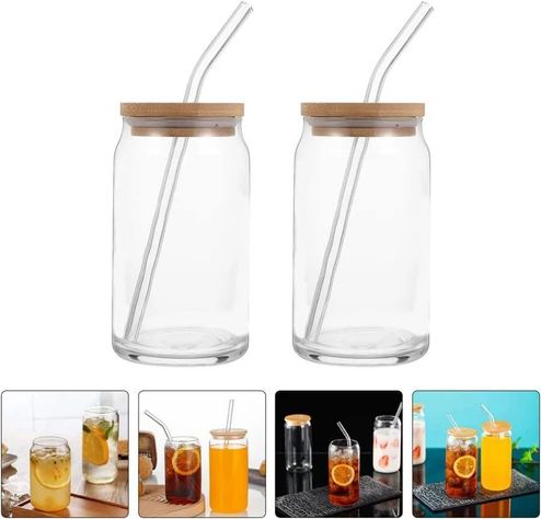 Pack De 4 Vasos Lata de Vidrio Con Tapa de Bambú y Bombilla 550ml-2