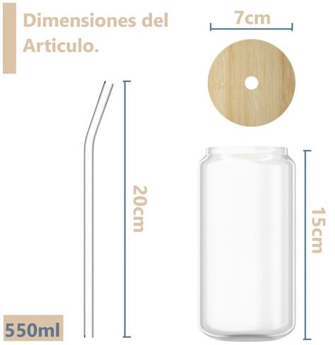 Pack De 4 Vasos Lata de Vidrio Con Tapa de Bambú y Bombilla 550ml-7