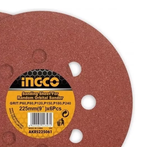 6 Disco Lija Para Pulir 225mm Grano Variado Velcro Ingco-1