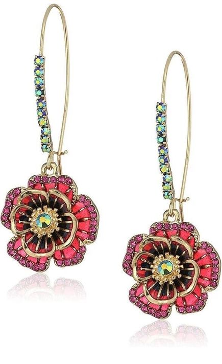 Pendientes Aros Colgante Betsey Johnson Rose Oro Bañado -0