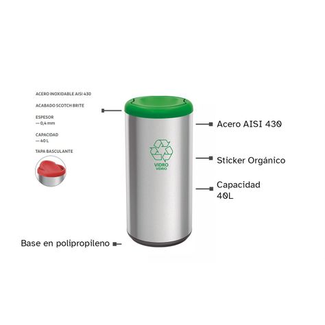 Basurero De Acero Inoxidable 40 L. De Capacidad, Aro Verde-3