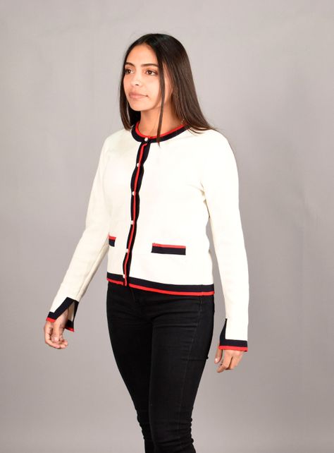 Sweater Botones Mujer Zara Blanco Ribete Color S-1