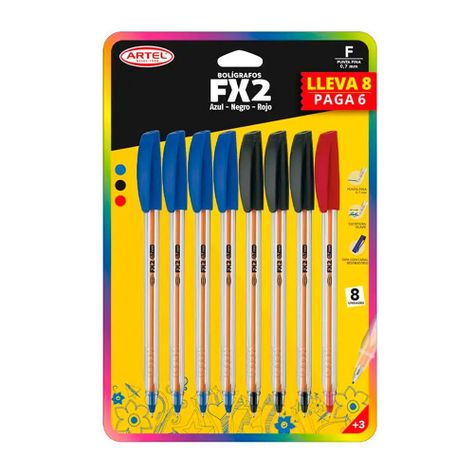 Set 8 Bolígrafos Fx2 0.7mm (azul, rojo, negro) Artel-0