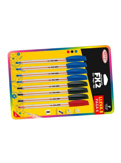 Set 8 Bolígrafos Fx2 0.7mm (azul, rojo, negro) Artel-1