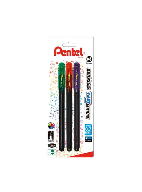Set 3 Lápices Gel Makkuro 0.7mm (naranjo, azul, rojo) Pentel-0