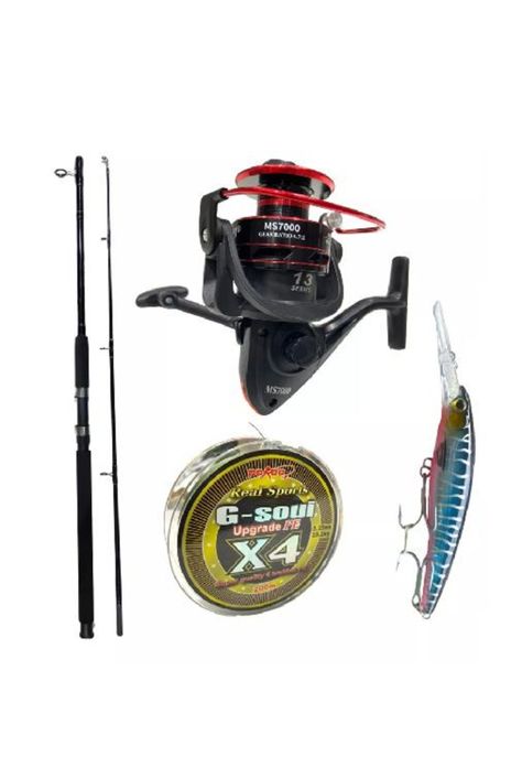 Combo caña de pescar botera 1.8m + carrete + multifilam + señuelo, negro-2