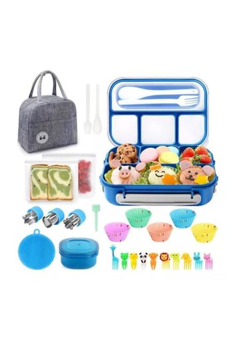 Bolso Lonchera Térmica y Fiambrera Set para Niños y Adultos - Color Azul-0