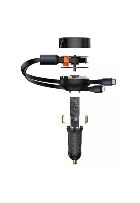 Cargador rápido auto Baseus 2 en 1 cable retráctil 30W negro-5