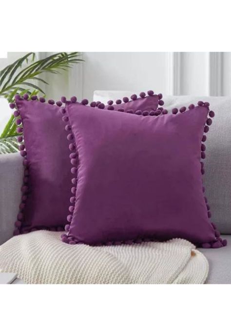 Pack de 2 Fundas de Cojines Terciopelo con Pompones 45x45 cm Morado-1
