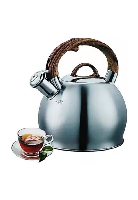 Tetera con Silbato - 2.5 L, Acero Inoxidable, Manija de Madera, Color Plateado-0