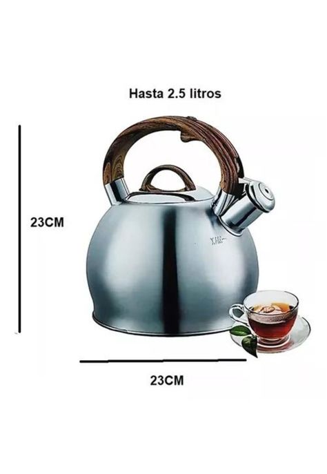 Tetera con Silbato - 2.5 L, Acero Inoxidable, Manija de Madera, Color Plateado-6