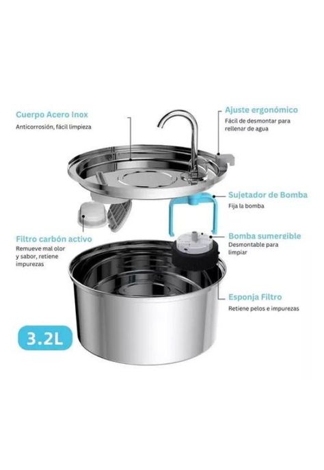 Fuente de Agua para Gato - Acero Inoxidable, Llave Silenciosa-1