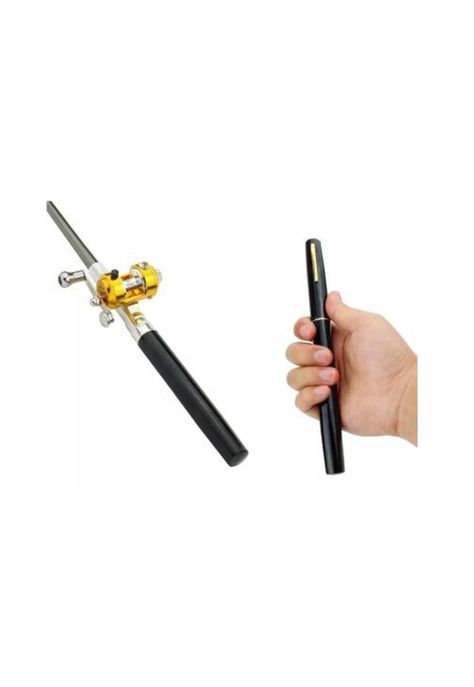 Kit de caña de pescar telescópicas mini forma de bolígrafo, negro-1