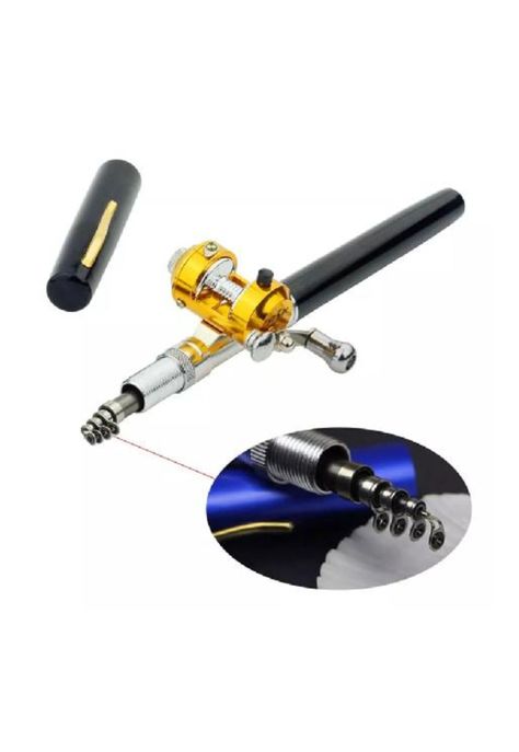 Kit de caña de pescar telescópicas mini forma de bolígrafo, negro-5