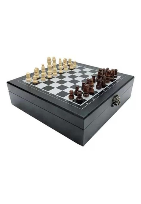 Set de lujo tablero de ajedrez de madera + dominó + cartas póker negro-0