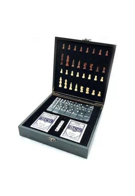 Set de lujo tablero de ajedrez de madera + dominó + cartas póker negro-3