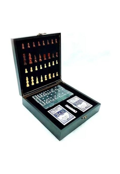 Set de lujo tablero de ajedrez de madera + dominó + cartas póker negro-4