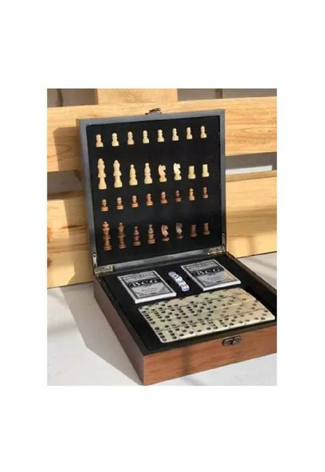 Set de lujo tablero de ajedrez de madera + dominó + cartas póker negro-7