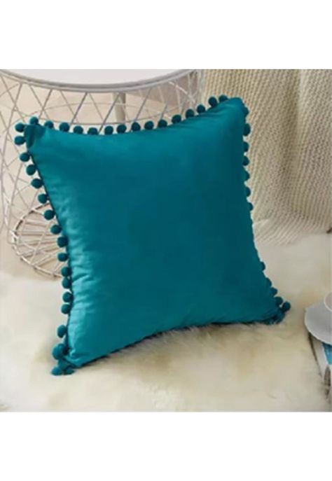 Pack de 2 Fundas de Cojines Terciopelo con Pompones 45x45 cm Azul Marino-1