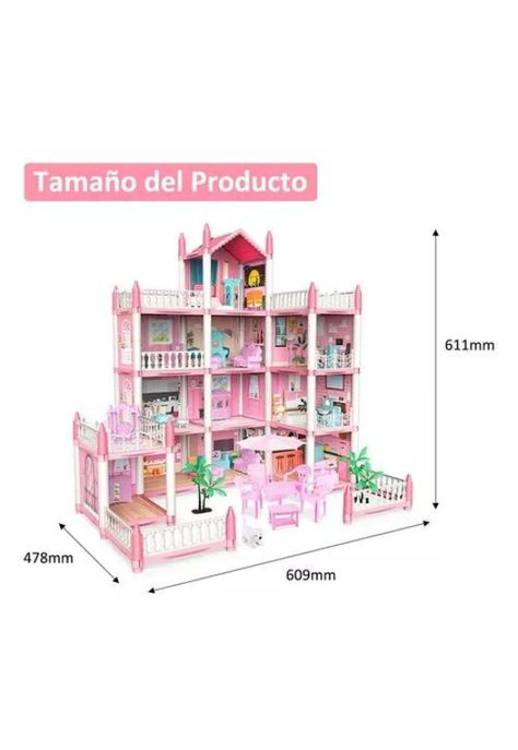 Casa de muñecas con muebles, castillo juguete para niñas rosado-1