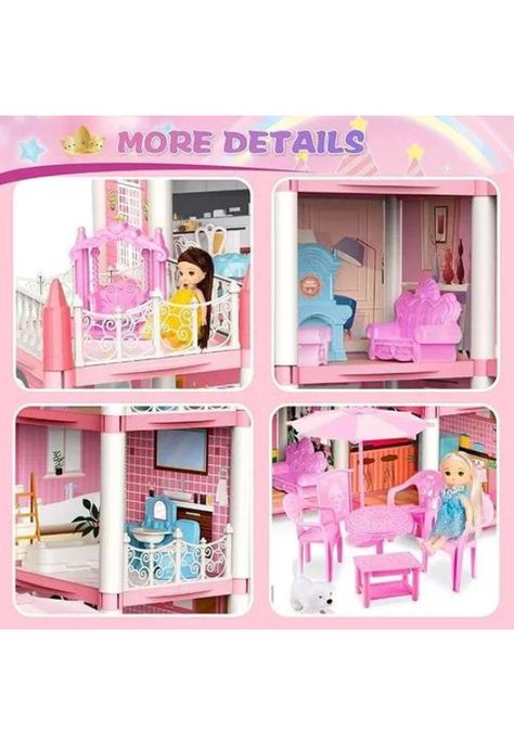 Casa de muñecas con muebles, castillo juguete para niñas rosado-2