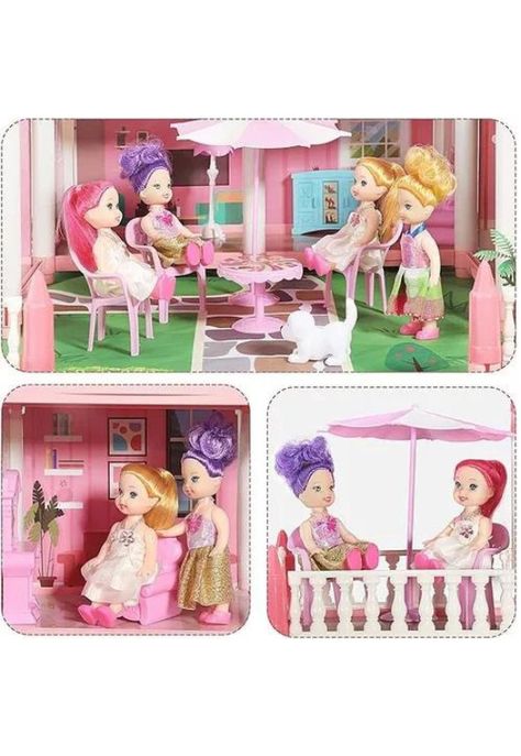 Casa de muñecas con muebles, castillo juguete para niñas rosado-3