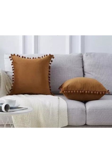 Pack de 2 Fundas de Cojines Terciopelo con Pompones 45x45 cm Café-1