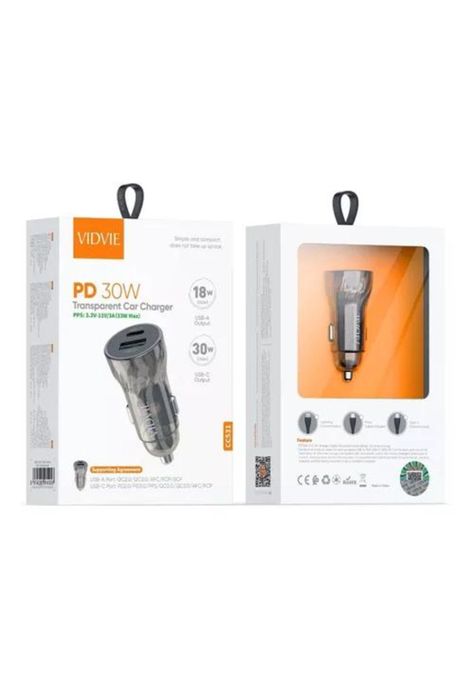 Cargador de auto 2 puertos tipo C y USB 30W Vidvie negro-0