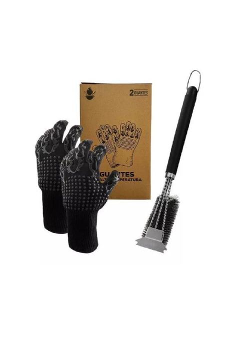 Pack Set Cepillo Inox + 2 Guantes Alta Temperatura Asado Bbq-4