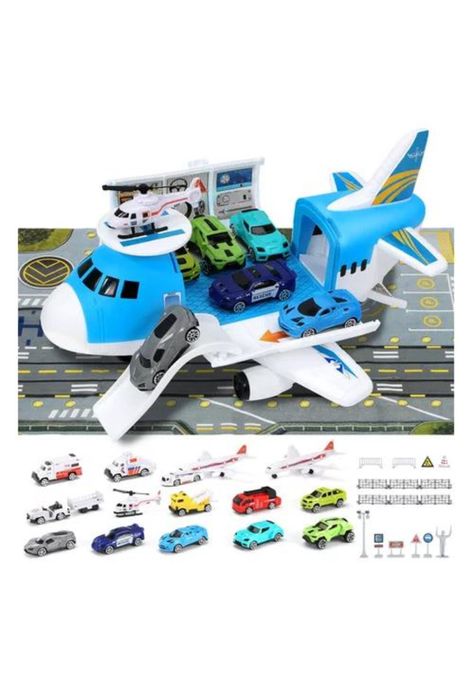 Avión de rescate porta 12 vehículos juguete para niños celeste-0