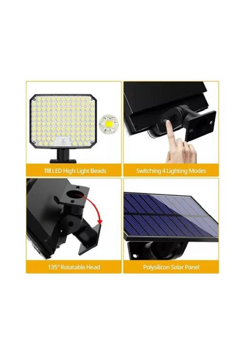 Foco solar exterior panel solar luces solares 100w negro-4