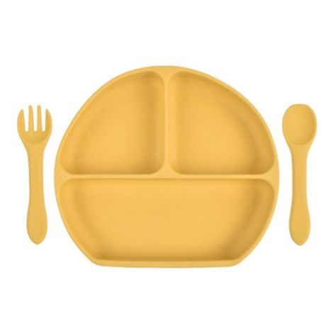 Plato de silicona con cuchara y tenedor amarillo-0