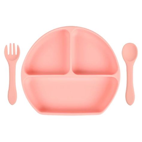 Plato de silicona con cuchara y tenedor rosa-0