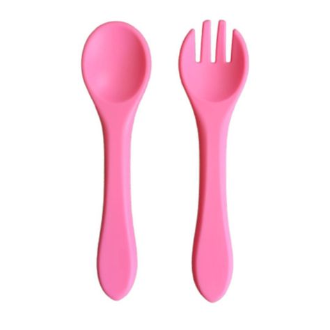Cucharilla y tenedor de silicona para bebé rosado-0