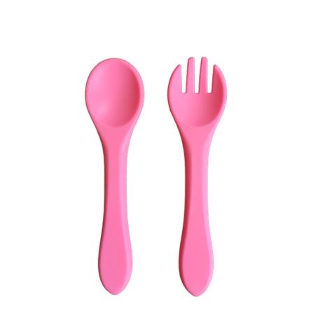 Cucharilla y tenedor de silicona para bebé rosado-1