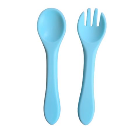 Cucharilla y tenedor de silicona para bebé azul-0