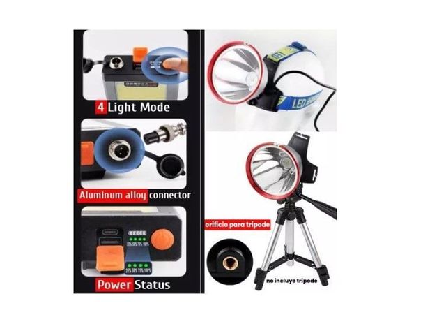Foco Caza Led Lampara Minera Recargable Largo Alcance-3
