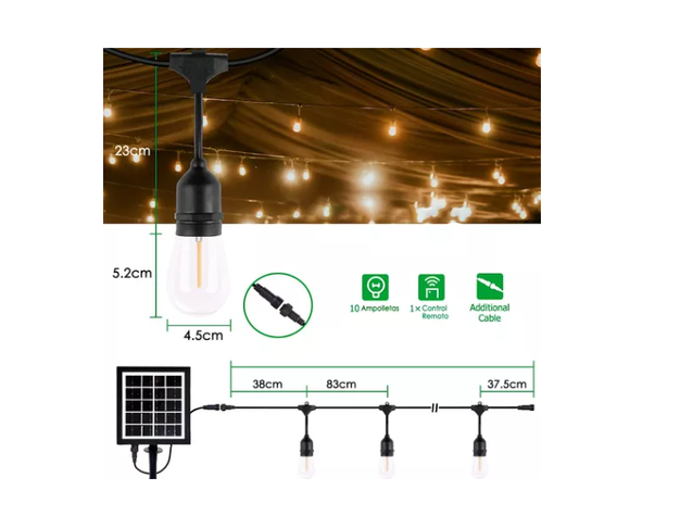 Guirnalda 10 Metros Panel Solar Con 10 Ampolletas Led Calida-2
